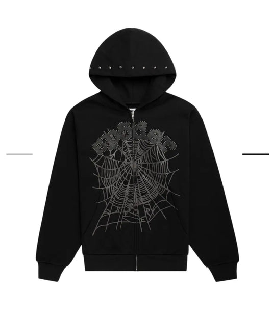 Sp5der Og Web Studded Zip Hoodie 'Black'